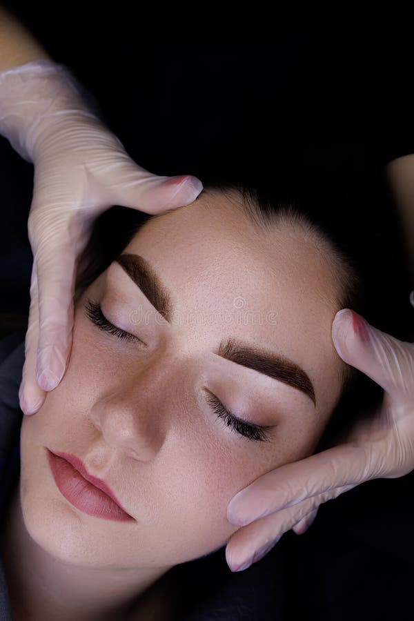 Permanent Makeup of the Eyebrows, Closeup of the Model S Face, the