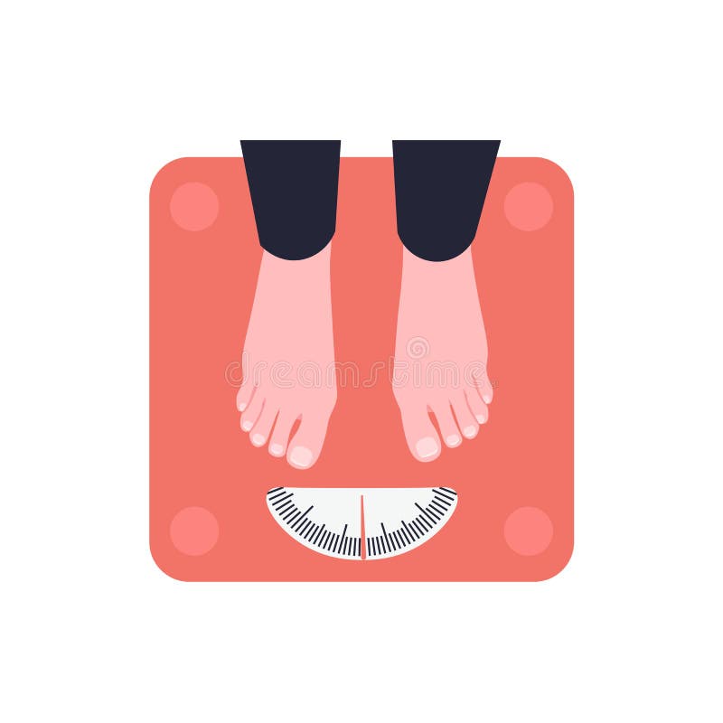Female feet stand on floor scales. Girl is weighed. Flat vector illustration. Female feet stand on floor scales. Girl is weighed. Flat vector illustration