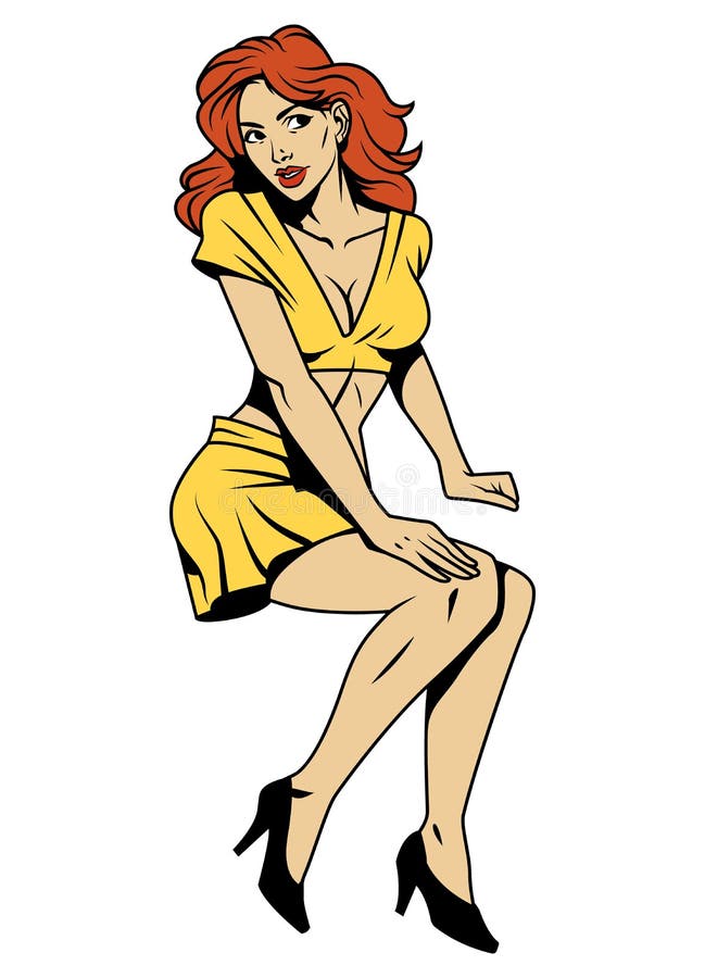 Vintage attractive pin up girl with red hair wearing yellow blouse skirt and black shoes isolated vector illustration. Vintage attractive pin up girl with red hair wearing yellow blouse skirt and black shoes isolated vector illustration