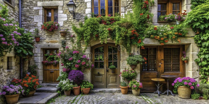 迷人的花卉美景和历史悠久的建筑，在Perouges France迷人的街道漫步 向量例证