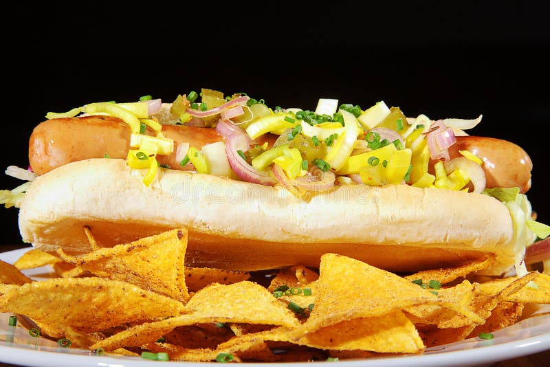 Perrito Caliente Con Nachos Foto de archivo Imagen de perro, plato