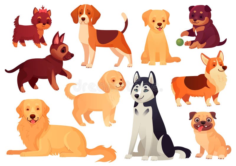 Perrito y perro de la historieta Perritos felices con el bozal sonriente, los perros leales y el sistema aislado perro amistoso d stock de ilustración