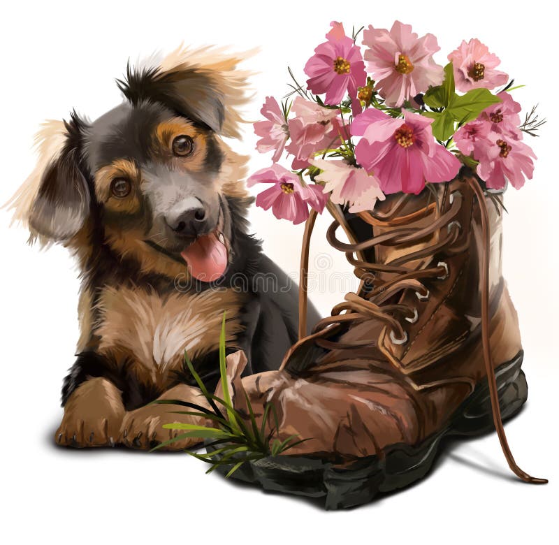 Perrito y zapatos divertidos con las flores ilustración del vector Perrito y zapatos divertidos con las flores ilustración del vector