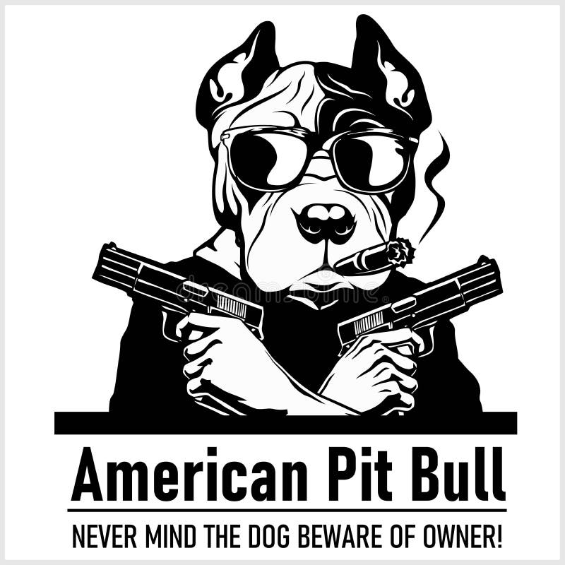 Perro americano Pit Bull con gafas, dos pistolas y cigarro - Pangster americano Pit Bull Cabeza del furioso Toro del Pozo Norteam