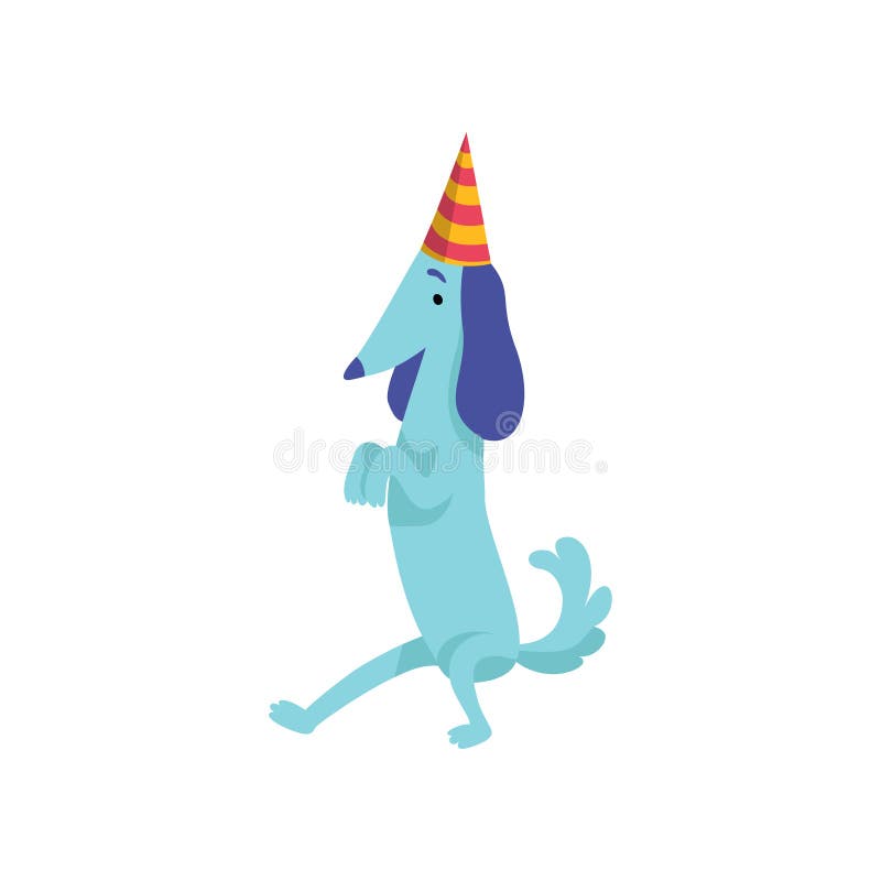 Perro basset lindo en el sombrero del partido, carácter animal de la historieta divertida en el ejemplo del vector de la fiesta d stock de ilustración Perro basset lindo en el sombrero del partido, carácter animal de la historieta divertida en el ejemplo del vector de la fiesta d stock de ilustración