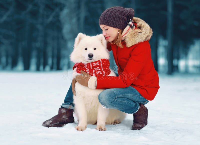 Perro blanco feliz del samoyedo del abarcamiento de la mujer joven que cuida en invierno fotos de archivo libres de regalías