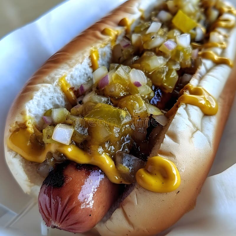 Perro caliente con salsa de mostaza y cebolla stock de ilustración