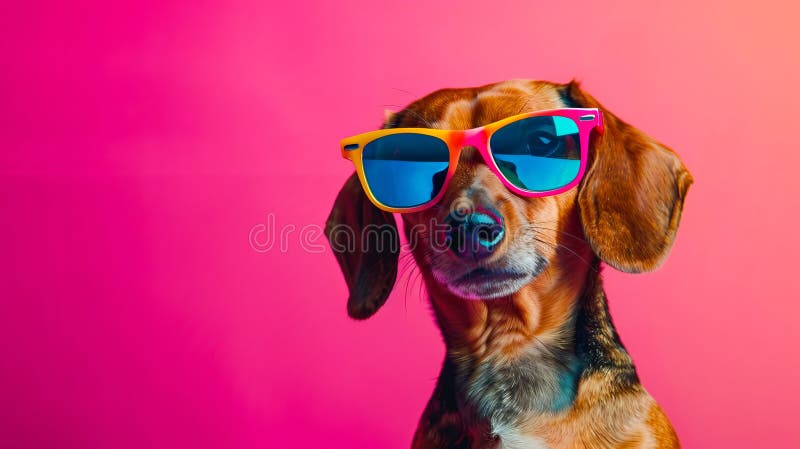 Perro dachshund con gafas de sol en fondo rosado imagen de archivo libre de regalías