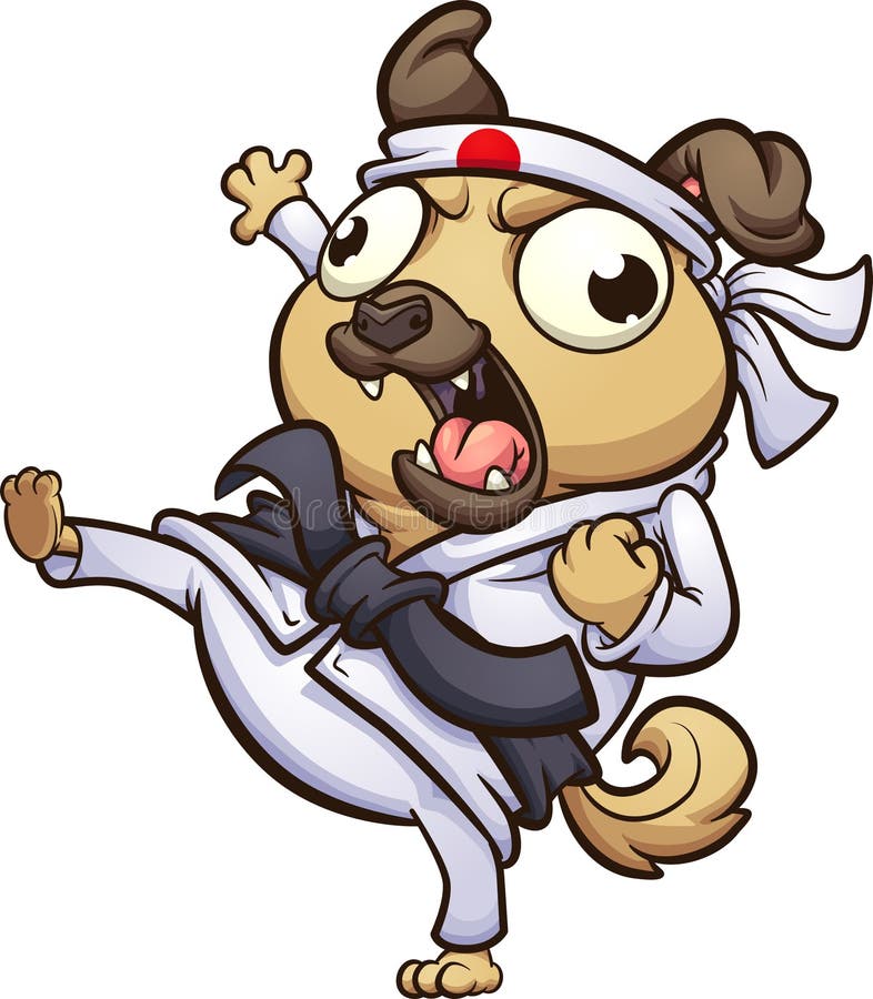 Perro de cerdo gordo de caricatura lanzando una patada de karate