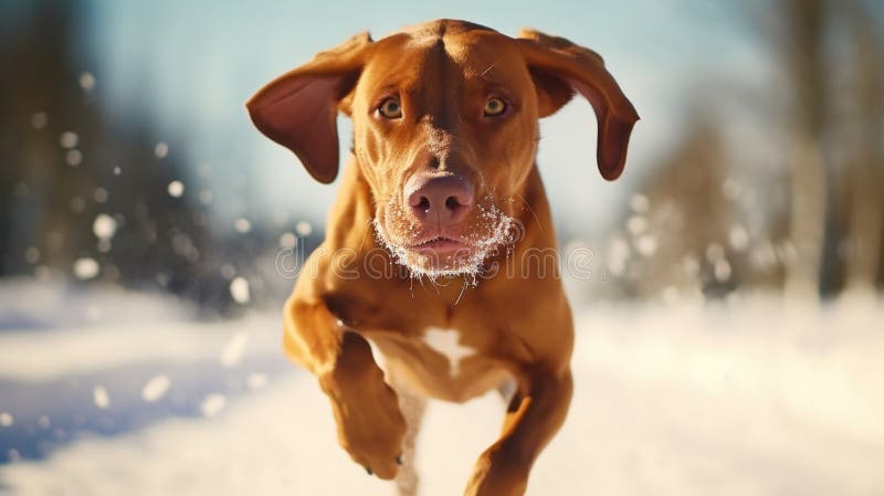 Perro marrón corriendo a través de un paisaje nevado. Perfecto para proyectos con temática de invierno fotografía de archivo libre de regalías