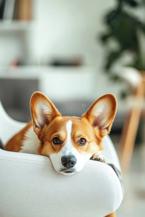 Perro marrón y blanco en la silla. Perro marrón y blanco en la parte superior de la silla posiblemente esperando atención o disfrutando de la vista generada por IA