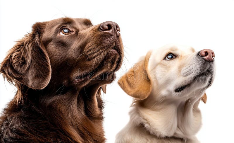 Perro marrón y perro blanco mirando al fondo blanco mostrando sus expresiones curiosas y características distintivas fotografía de archivo libre de regalías