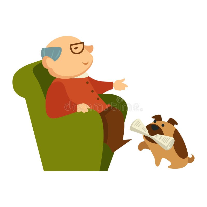 Perro que trae un periódico para el abuelo que se sienta en la butaca ilustración del vector Perro que trae un periódico para el abuelo que se sienta en la butaca ilustración del vector