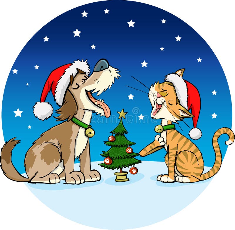 Perro y gato cantando una canción de navidad en una noche estrellada
