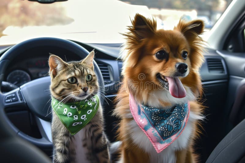 Perro y gato deslumbrados con vendas en el asiento delantero del coche. Perro y gato suaves usando bandanas en el asiento delantero del auto creado con ai generador