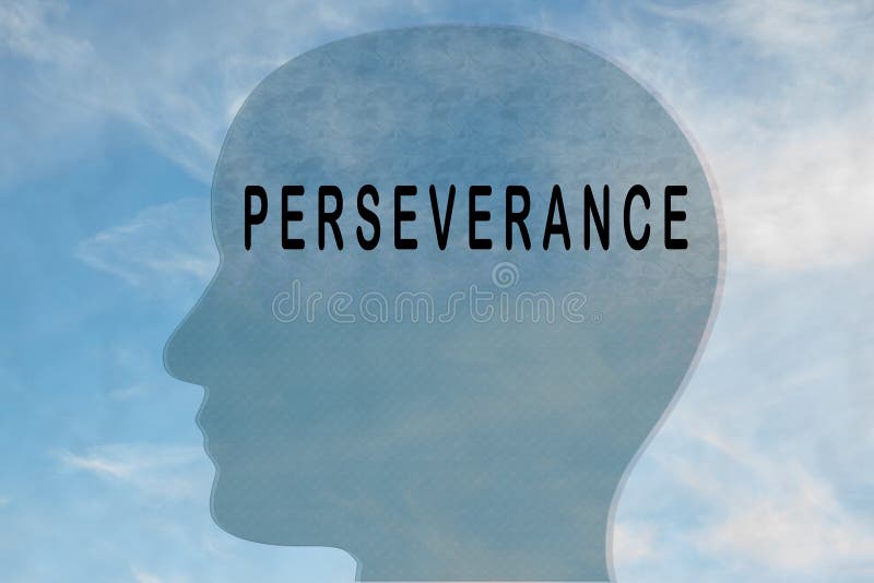 PERSEVERANCE - personality concept. Render illustration of PERSEVERANCE title on head silhouette, with cloudy sky as a background, achievement, action, active stock photography PERSEVERANCE - personality concept. Render illustration of PERSEVERANCE title on head silhouette, with cloudy sky as a background, achievement, action, active stock photography