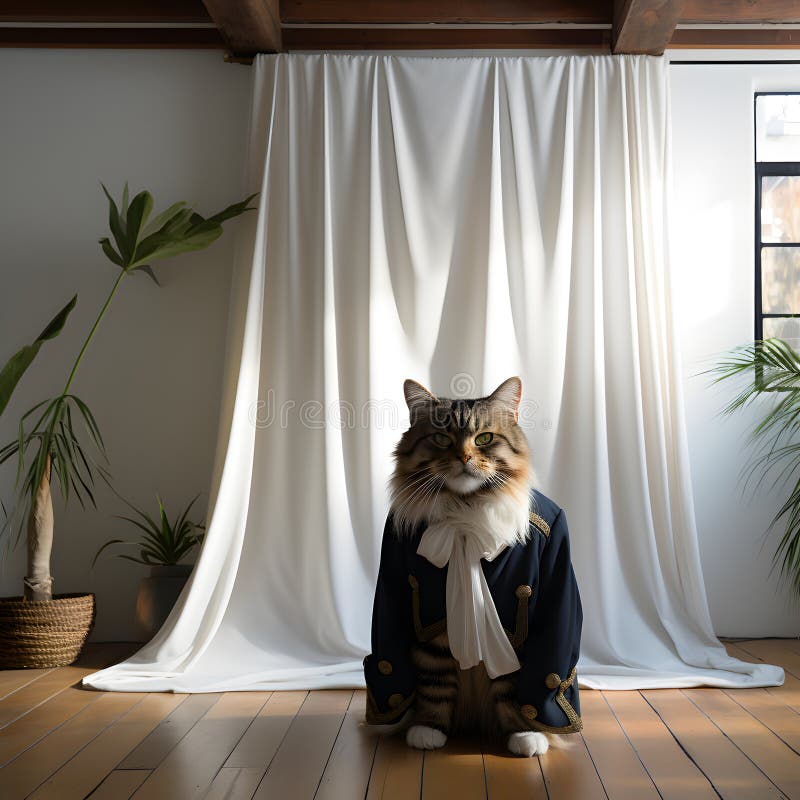 a cat wearing a coat and a collar with a striped shirt on it's