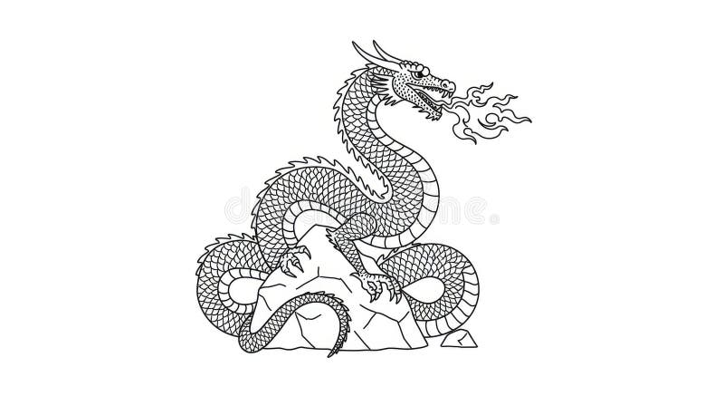 Ilustrație cu dragonul mitologic persan Azhdaha: șarpe încolăcit scuipând flăcări în jurul bârlogului stâncos - artă fantastică vector illustration