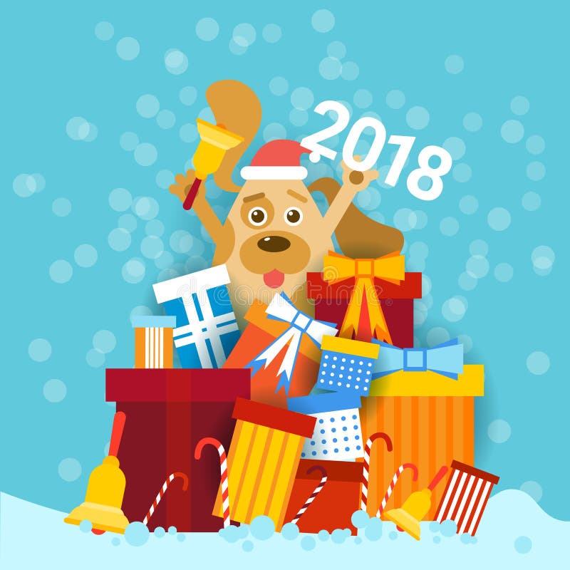 Persiga en Santa Hat Holding Bell And 2018 firman encima la pila de diseño de la tarjeta de felicitación de la Feliz Año Nuevo de libre illustration Persiga en Santa Hat Holding Bell And 2018 firman encima la pila de diseño de la tarjeta de felicitación de la Feliz Año Nuevo de libre illustration