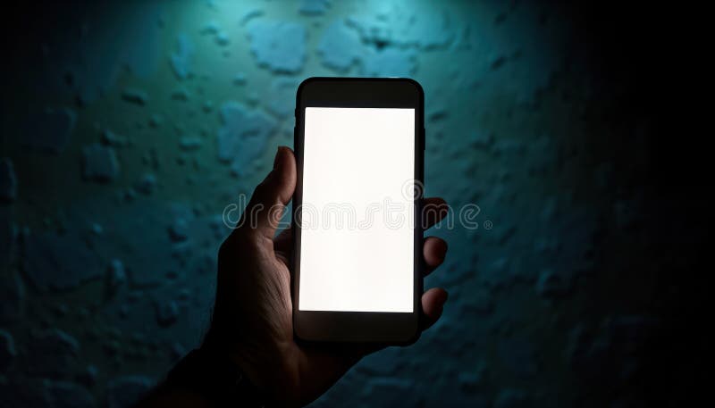 Persoana deține telefon mobil cu ecran alb în camera întunecată. dispozitiv iluminat. tehnologie modernă în interior cu iluminare vector illustration