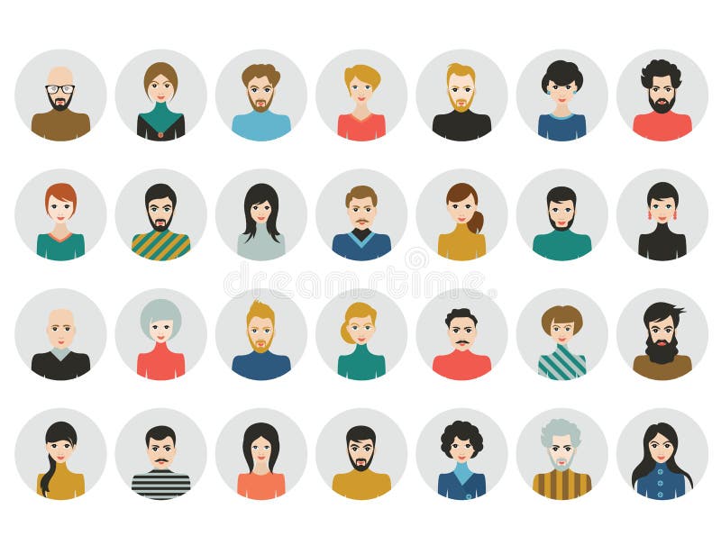 Persoane captează pictograme. avatar față. femeie bărbat în stil plat stock illustration