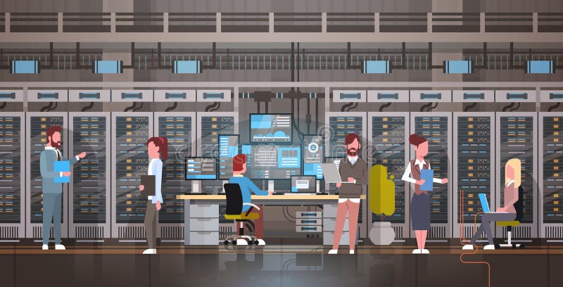 Persoane care lucrează în centrul de date care găzduiește baza de date informatică pentru monitorizarea computerului vector illustration