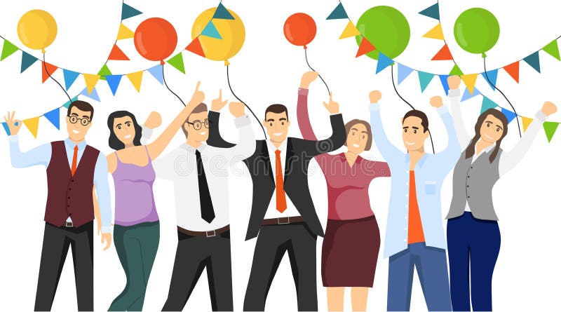 Persoane care te felicită. felicitări. oamenii își flutură mâinile și salută. decorațiuni frumoase și baloane royalty free illustration