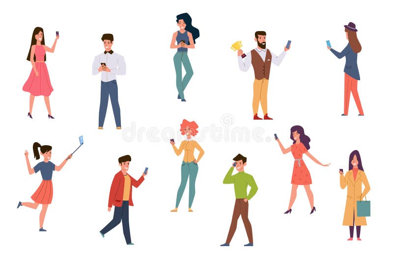 Persoane cu telefoane inteligente. bărbați și femei care vorbesc la telefon verificarea mass-media socială. semnal video de captur royalty free illustration
