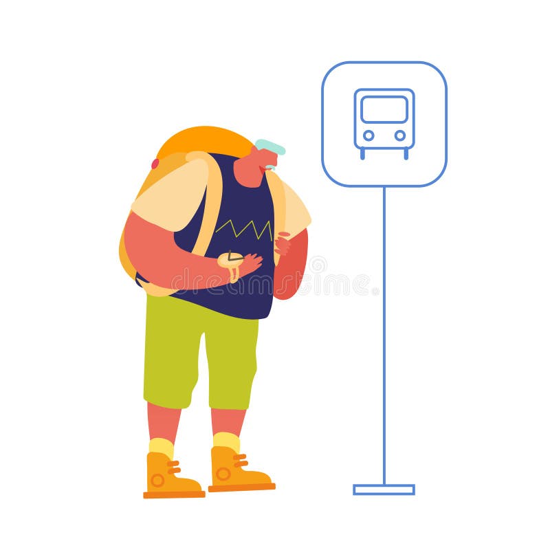 Persoane vârstnice care așteaptă autobuzul în stația de comandă care se bucură de vacanță. călător senior cu rucsac aventură drume royalty free illustration