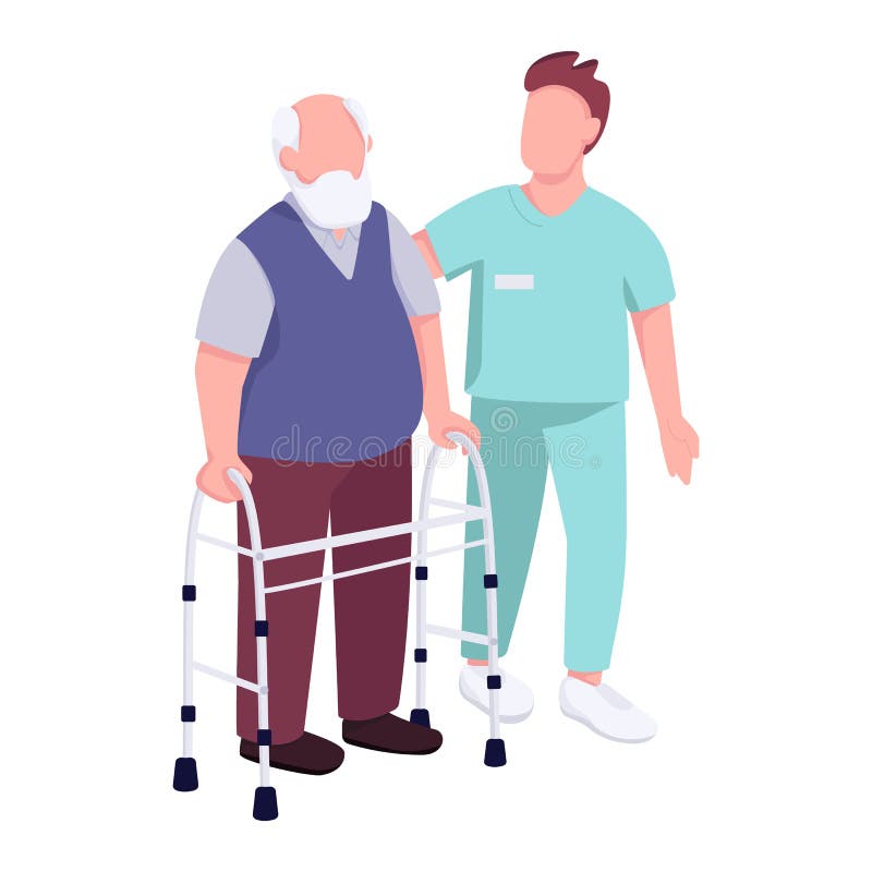 Persoană în vârstă cu walker și voluntar cu caracter de vector de culoare plat royalty free illustration