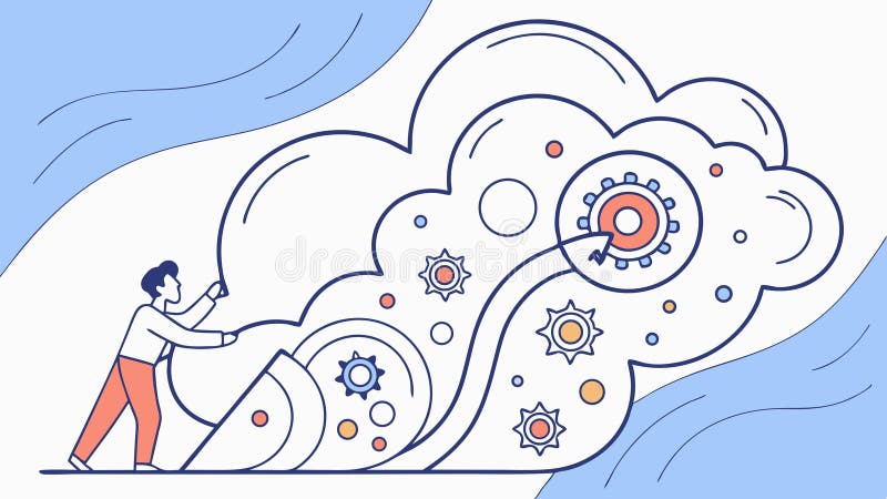 Person adjusting gears in clouds, symbolizing problem-solving and control, vector design Generative AI royalty free illustration