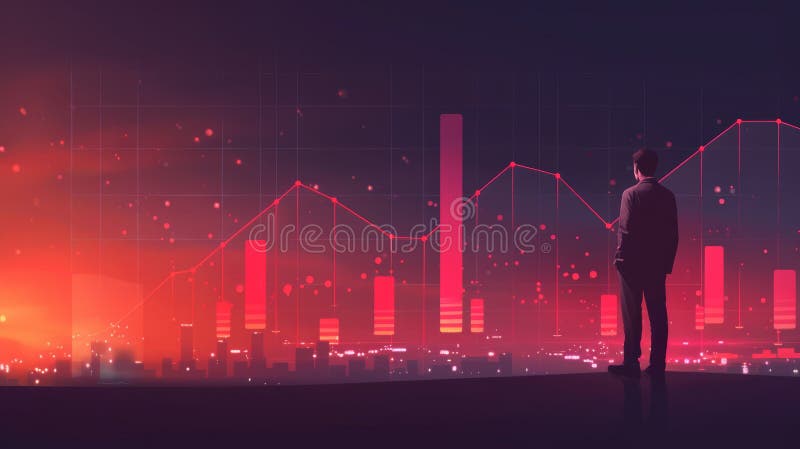 Person analyzes financial chart on abstract virtual interface, showcasing market trends and data visualization in a futuristic vector illustration
