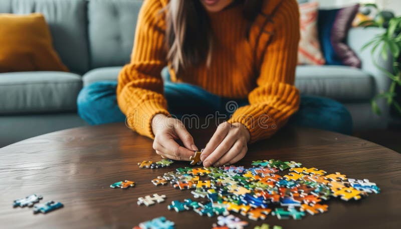 Persoană care asamblează puzzle-ul pe o masă din lemn concentrându-se pe puzzle-ul complex colorat Aig62 stock image