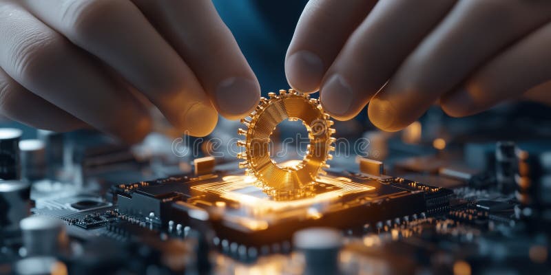 A person assembling quantum computing component on circuit board,. Quantum computing circuit board illustrations