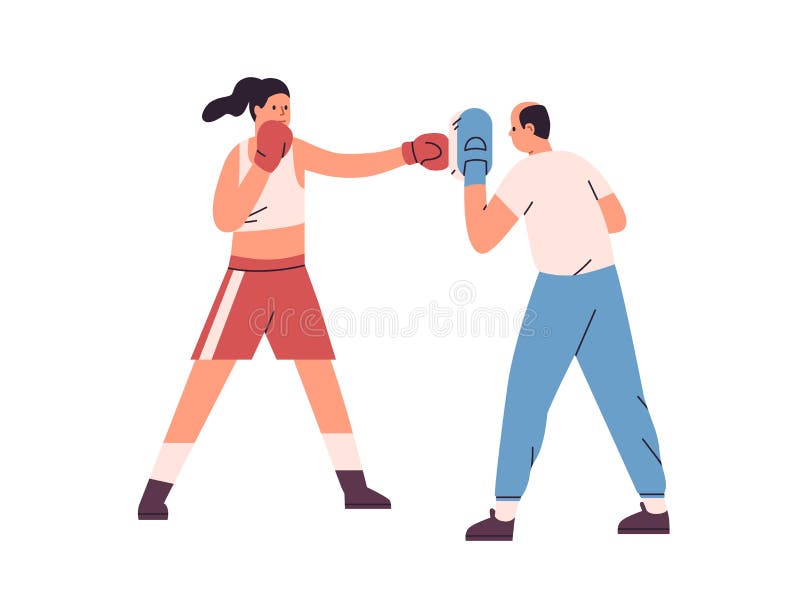 Person boxing, training to punch. Woman hitting handheld pad with fist in glove at box workout with trainer. Female boxer in shorts working out. Flat vector illustration isolated on white background.