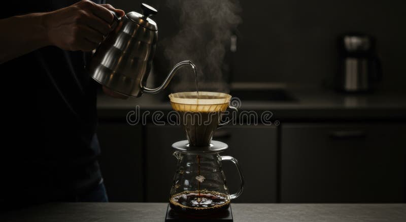 Person Brewing Coffee Using Pour Over Method in Dark Kitchen royalty free stock image
