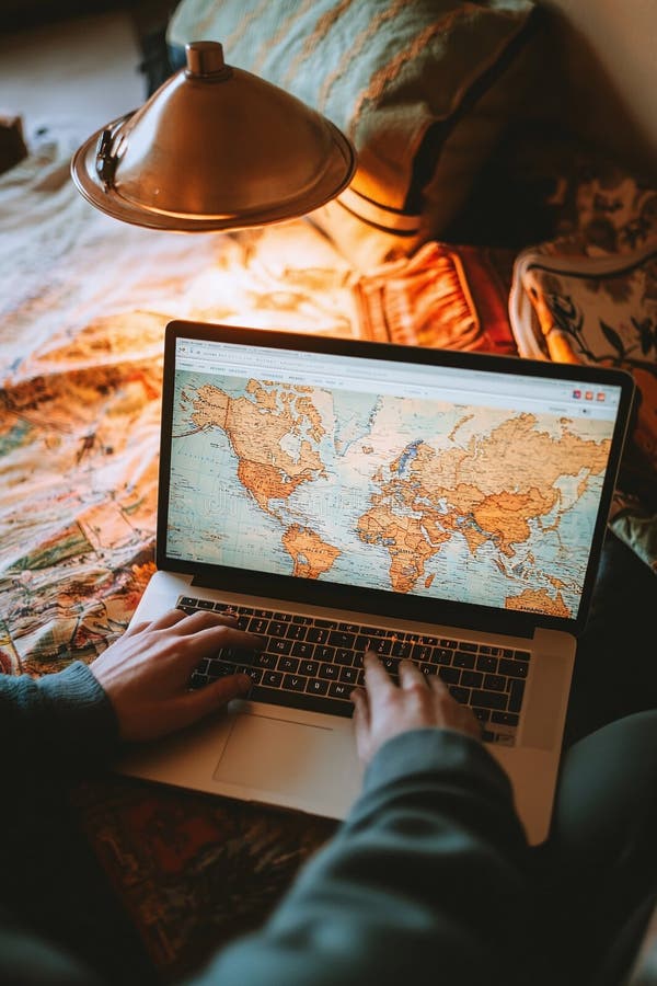 Person browsing travel websites on their work laptop during working hours. vector illustration