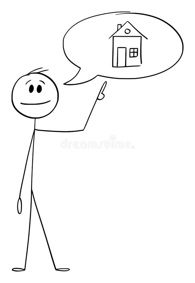 Person, Businessman or Realtor Speaking About House , Vector Cartoon Stick Figure Illustration