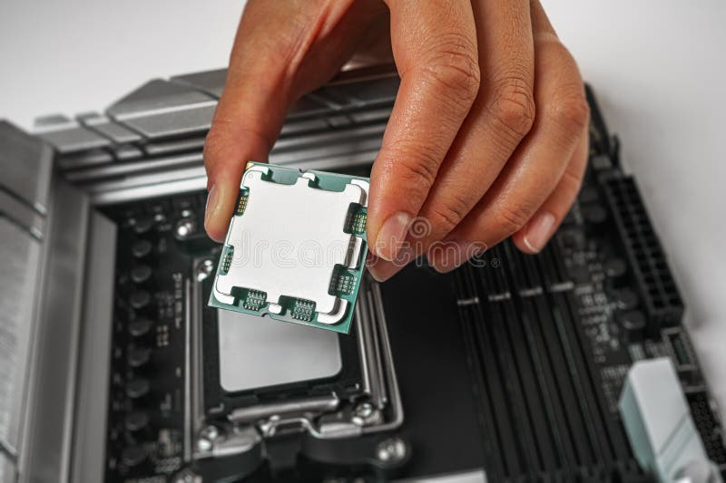 A person is carefully holding a computer processor above a motherboard socket royalty free stock photos