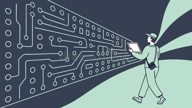 Person with circuit board head, technology and futuristic concept vector design Generative AI stock illustration
