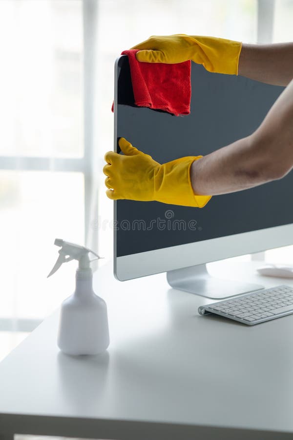 Person Cleaning Room, Cleaning Worker is Using Cloth To Wipe Computer ...