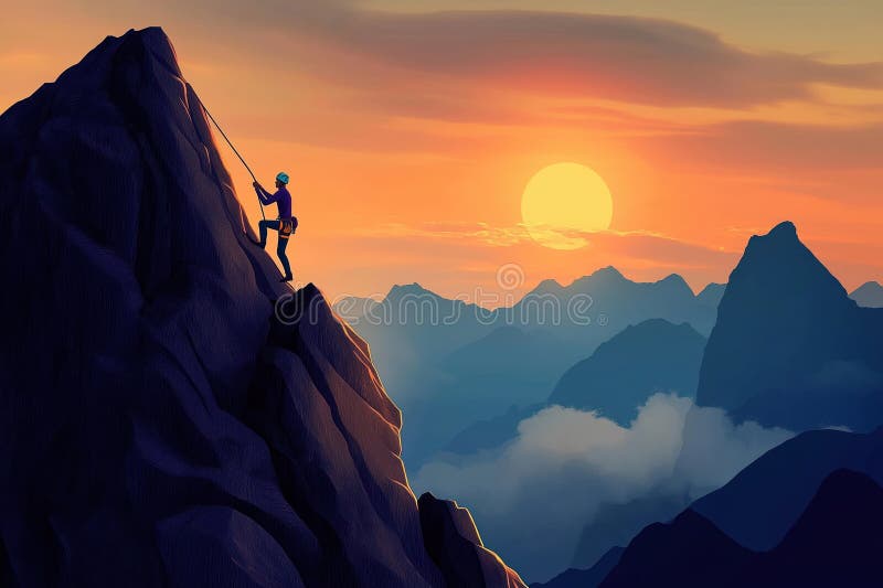 Person climbs mountain peak at sunset enjoying view. Mountain climber ascends with rope. Dramatic sunset over mountain range. stock illustration