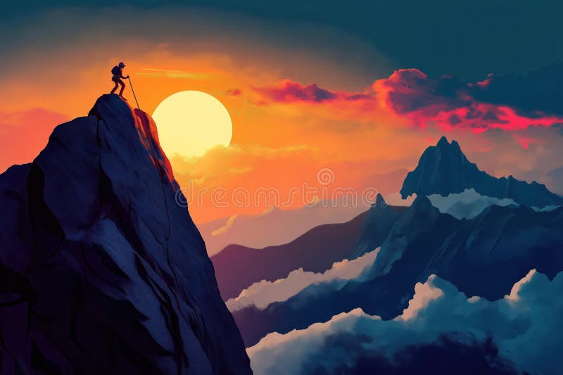 Person climbs mountain peak at sunset. Scenic mountain range visible with clouds. Stunning landscape. Adventure. Inspiration. royalty free illustration