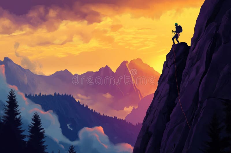 Person climbs mountain summit at sunset. Mountaintop view breathtaking. Nature amazing. Person on adventure. Sunset sky vibrant. stock illustration