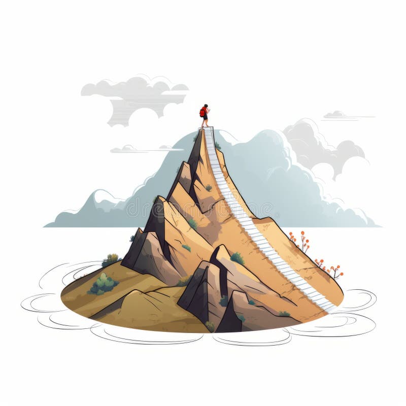 Surrealistic Mountain Illustration With Detailed Character Design stock illustration