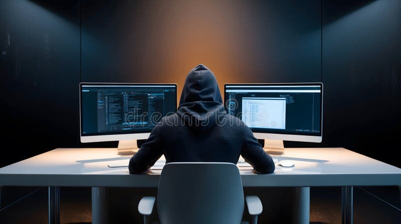 Person coding in a dark room with three monitors displaying computer code and a city skyline backdrop vector illustration