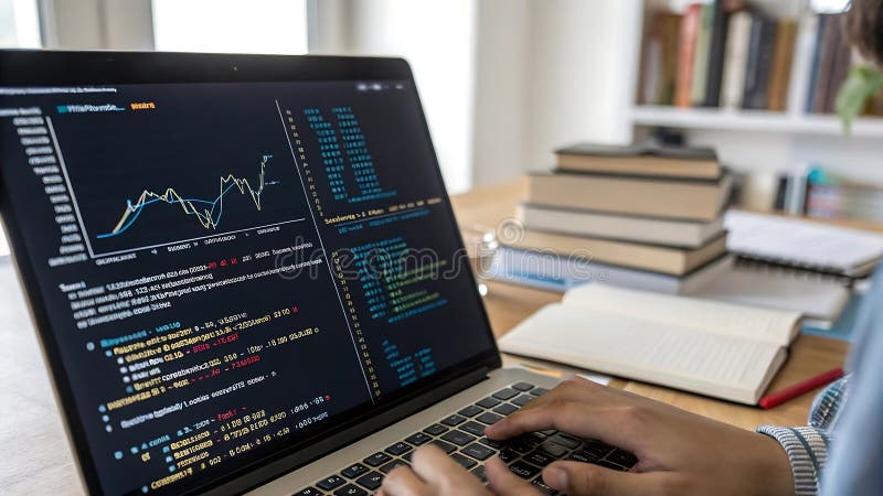 Person coding on laptop, programmer technology work desk view, Stock Photo, Generative AI royalty free illustration