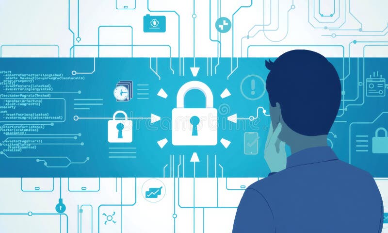 Person contemplating cybersecurity measures with digital locks and data flow in background, emphasizing importance of cyber stock illustration