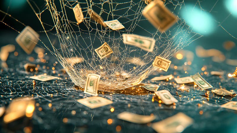Person, die in einem Spinnnetz mit Währungssymbolen gefangen ist, die finanzielle Ausstattung darstellen vektor abbildung