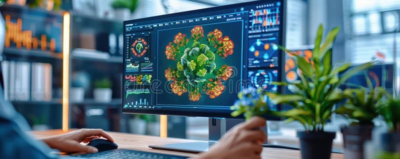 Person, die lebendige botanische Illustrationen auf einem Computer in einem städtischen Büro entwirft lizenzfreie abbildung